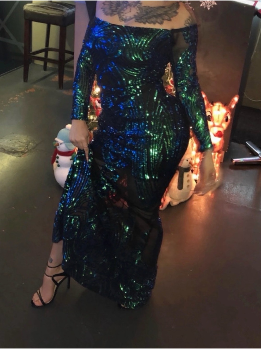 Off-Shoulder Green & Blue Sequin Evening Dress